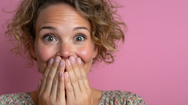 Young Woman with Hands Covering Mouth in Delighted Surprise

