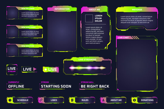 Twitch stream panels. Game streaming elements, live broadcast overlay video screen acid green y2k cyberpunk tech frame streamer user ui hud buttons futuristic vector illustration