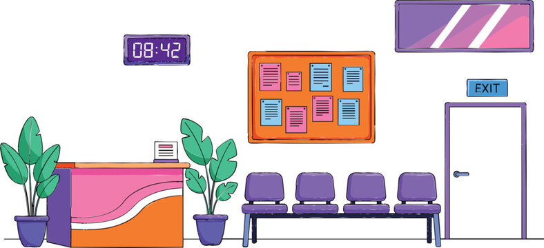 Modern vector illustration of a professional office reception area with waiting chairs potted plants digital clock and exit door,
