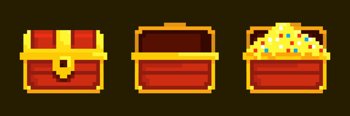 Obraz premium Pixel treasure chests. Wooden chest treasures open box, pixelart retro game icon mystery golden coin pirate gold money gem 8 bit video arcade ui travel kicky vector illustration