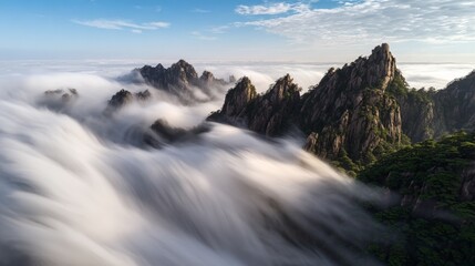Fototapeta premium Mist flowing over jagged mountain peaks at sunrise