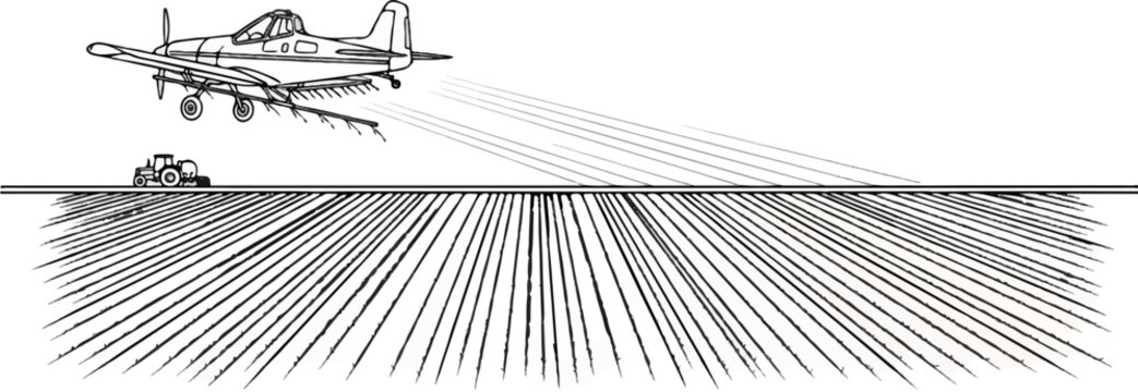 Agricultural plane spraying crops over a field with a tractor on the ground