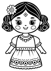Fototapeta premium Cute Black and White Doll with Flower Ornament, Hand Drawn Cartoon Illustration for Coloring