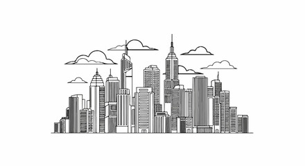 Fototapeta premium Hand-drawn outline of a city skyline with clouds in a minimalist style