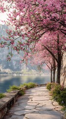 Fototapeta premium Lakeside path under pink cherry blossom trees
