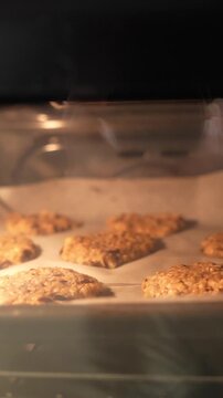 A tray of cookies is baking in an oven. The cookies are golden brown and appear to be ready