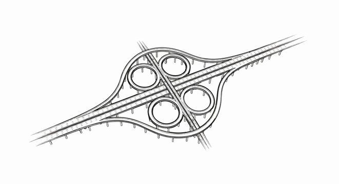 Detailed sketch of an overpass highway intersection with cloverleaf ramps