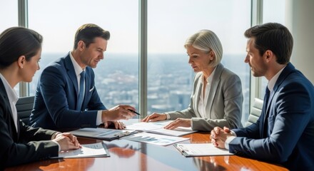 Business team meeting reviewing documents in high-rise office