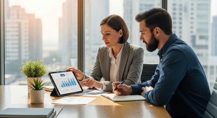 Business professionals analyzing data on a tablet