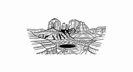 Dramatic black and white sketch of layered rock formations with a circular dark feature