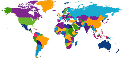 A vibrant, stylized world map with continents divided into distinct colorful regions