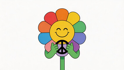 Naklejka premium A whimsical illustration of a smiling flower with rainbow petals, holding a peace sign. The cheerful design conveys happiness and harmony, ideal for positive-themed visuals.