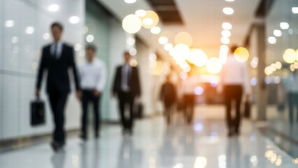 Fototapeta premium Blurred Business Commute: Silhouettes of suited professionals traverse a modern corridor, with a subtle play of light and shadow creating a dynamic and stylish feel.