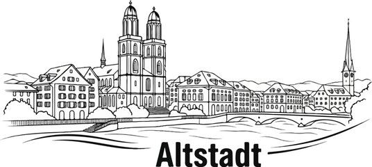 Fototapeta premium Line art panorama of a city skyline with a river and bridges