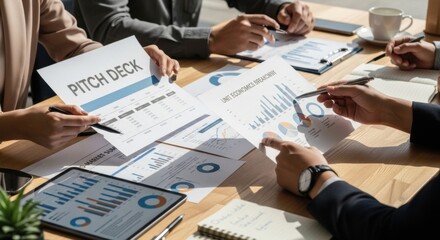 Team reviewing pitch deck and business analytics documents