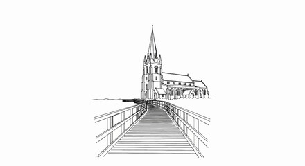 Wooden walkway leads to a gothic church with a tall spire on a clear day