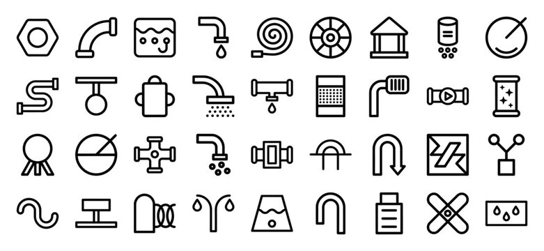 Plumbing and fluid dynamics monoline icons for industrial engineering, water management, and mechanical infrastructure. Professional chunky line art pictograms for pipework schematics.