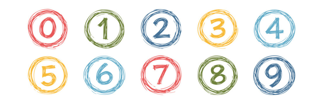 Hand drawn numbers from zero to nine in sketch circle frames. Colorful doodle style digits isolated on white background, perfect for kids education, posters and creative design.