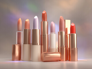 A modern cosmetic flat lay scene featuring lipsticks, cosmetic tubes, glosses, and assorted beauty items arranged neatly in line