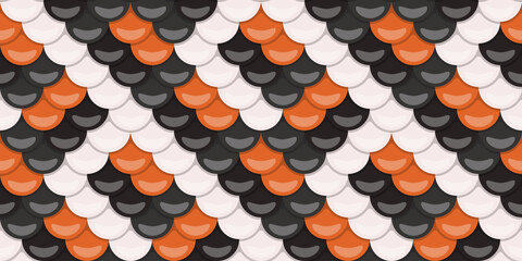 Halloweenthemed seamless pattern.  Stylish overlapping scales in black, orange, and white create a festive, textured design perfect for backgrounds, websites, or print. © Olena