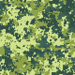 Abstract digital camouflage pattern.  Seamless pixelated texture in muted greens and yellows. Ideal for backgrounds, textiles, militarythemed designs, or gaming assets.