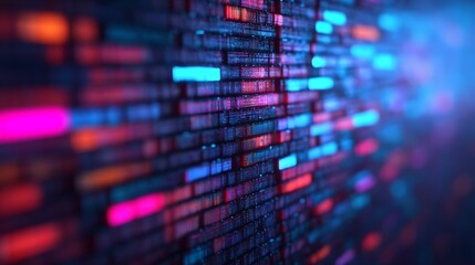 Naklejka premium Abstract digital data visualization with glowing red, blue, and purple lines and blocks creating a futuristic, high-tech atmosphere.