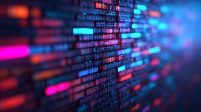 Abstract digital data visualization with glowing red, blue, and purple lines and blocks creating a futuristic, high-tech atmosphere.