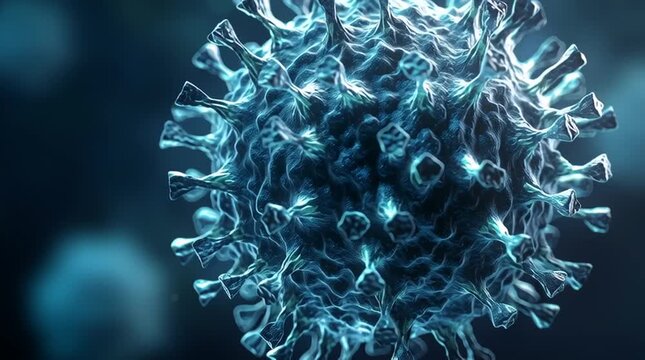 Microscopic view of a dangerous blue virus cell floating in a dark environment during testing.