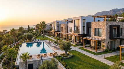 Fototapeta premium Vacation Rental Investment Strategy with Modern Beachfront Villa and Financial Data Visualization