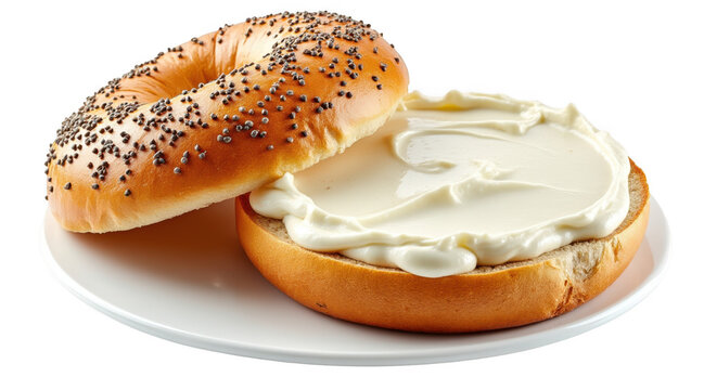 Two delicious bagels with cream cheese and sesame seeds on a white plate isolated on transparent background