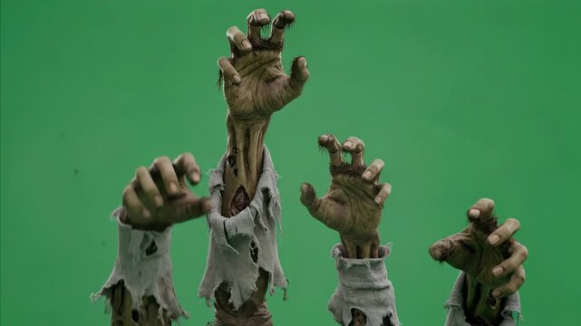 Four zombie hands rising from grave on green screen, horror concept