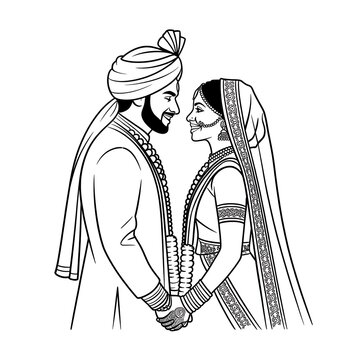 Groom and bride share an intimate gaze during traditional Indian wedding.