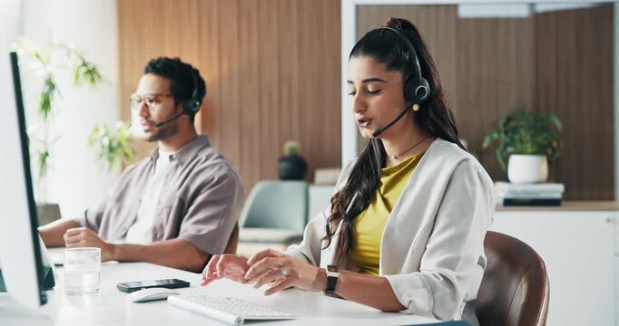 Happy, agent and woman with headset, office and communication for lead generation and telemarketing. Call center, coworking and person with computer for sales process, typing and discussion with mic
