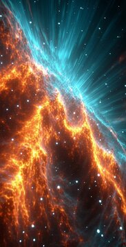 Bright glowing blue and orange cosmic nebula expanding across the dark outer space universe.