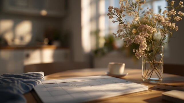 Stylish minimalist workspace featuring a calendar work schedule spread across a sleek table, inspiring focus and efficient task management. Warm ambient light casts gentle shadows, fresh flowers