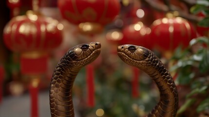Obraz premium Chinese New Year snake symbol with golden decorations and red lanterns on festive background, perfect for lunar new year celebration, Asian cultural tradition, spring festival, and February holiday