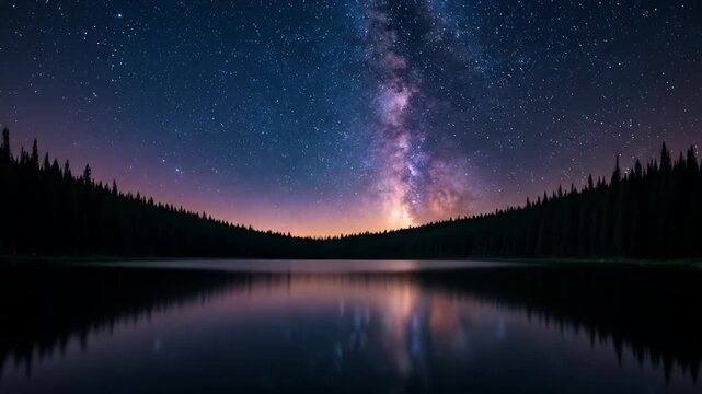 Milky Way reflection in still lake water, dark forest line landscape, night sky