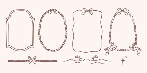 Hand drawn lake life frames and dividers set. Nautical rope borders with bows and fish motifs. © Illustartathome