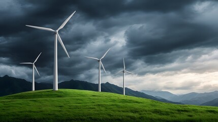 Harnessing the Wind: A quartet of towering wind turbines stands proudly atop a verdant hill, gracefully capturing the energy of the wind against the backdrop of a dramatic, overcast sky.