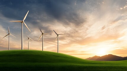 Wind Turbines in the Golden Hour: A scenic vista showcasing a row of wind turbines atop a verdant hill, harnessing the power of the wind against a backdrop of a vibrant sunset.