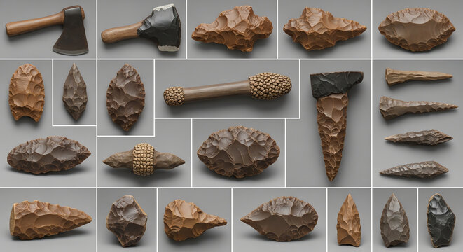 A natural collection set featuring various stone age tools for ancient humans.