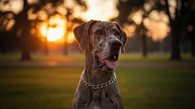 Majestic Great Dane Dog with Chain Collar at Golden Hour Sunset in Park