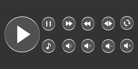 Liquid glass effect Modern UI Design Elements for Media Player Icons with Play, Pause, Volume, and Music Controls for UI/UX Video and Audio Design