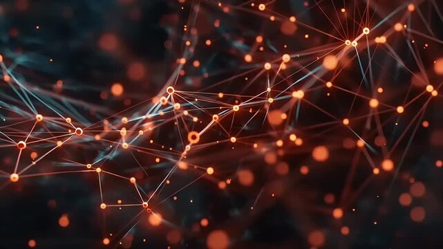 Complex neural network visualization with glowing nodes and interconnected lines in a futuristic environment from a dynamic viewpoint