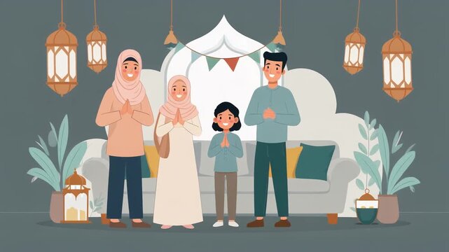 Eid al-Fitr Muslim Family Greeting Animation &ndash; Parents and Children Asking Forgiveness, Flat Art Detailed 4K
