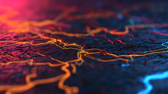 A close-up abstract image featuring glowing, colorful lines resembling a futuristic city map or circuit board with vibrant orange, red, and blue highlights.