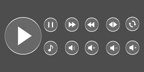 Liquid glass effect Modern UI Design Elements for Media Player Icons with Play, Pause, Volume, and Music Controls for UI/UX Video and Audio Design