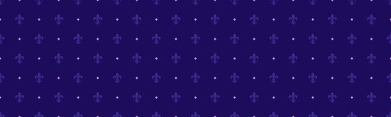 Elegant deep blue seamless pattern featuring repeating fleurdelis motifs and subtle dots.  Ideal for sophisticated designs, invitations, website backgrounds, or textile prints. © Olena