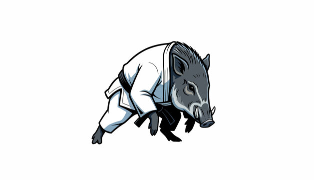 Dynamic illustration of a powerful wild boar dressed in a traditional martial arts gi and black belt, showcasing determination and discipline in a combative pose