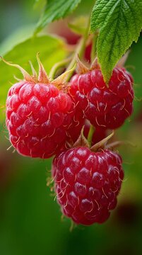 Fresh ripe red organic raspberries growing on a bush with green leaves in the garden